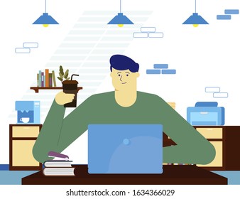 Designer professional manager businessman freelancer office worker work  space sitting computer laptop desk relax coffe man male