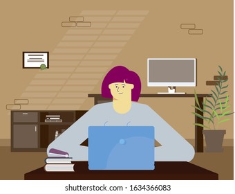 Designer professional manager businesswoman freelancer worker work  space sitting computer laptop desk 