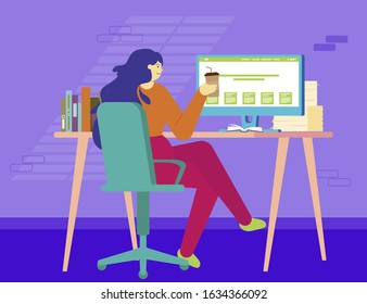 Designer professional manager businesswoman freelancer office worker work  space sitting computer laptop desk monoblock