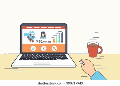 Designer or programmer is sitting in the office and developing the website displayed on his laptop. Flat line contour illustration of online developing and testing websites