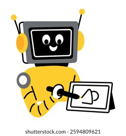 Designer robot drawing something on a graphic pad, flat style illustration