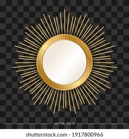 Designer round mirror with golden frame and rays around. Realistic style. Vector illustration.