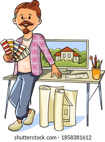 Designer with samples of flowers stands on the background of a computer with a project at home