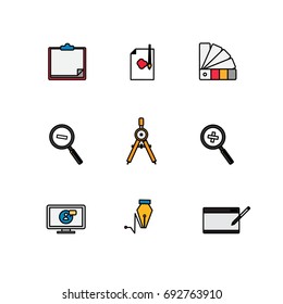 Designer. Set of vector isolated line filled icons. Pixel Perfect. For web design and presentations, site 