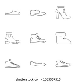 Designer shoes icons set. Outline set of 9 designer shoes vector icons for web isolated on white background