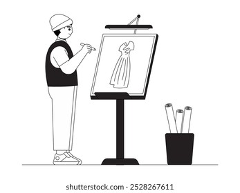 Designer sketches clothes on paper placed on a special board for drawing, vector illustration of craft.