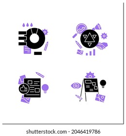 Designer skills glyph icons set. Create new projects, generate ideas.Branding, design brief, color theory,visually representing ideas.Design.Filled flat signs. Isolated silhouette vector illustrations