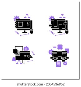 Designer skills glyph icons set. Generate ideas.UX design, information architecture, common design patterns, software design. Design concept.Filled flat signs. Isolated silhouette vector illustrations