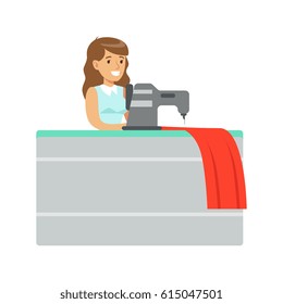 Designer Stitching Red Fabric With Electric Sewing Machine, Part Of People Using Tailoring And Design Professional Service Set Of Vector Illustrations