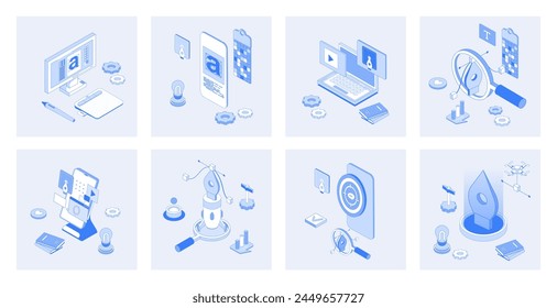 Designer studio 3d isometric concept set with isometric icons design for web. Collection of drawing tools, interface layout engineering, typography and graphic content creation. Vector illustration