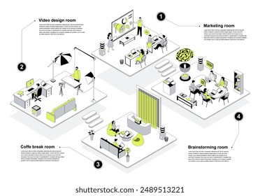 Designer studio 3d isometric concept in outline design for web. People working at marketing, video creating and brainstorming isometry rooms, relaxing at coffee break space. Vector illustration.