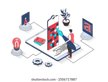 Designer studio 3d isometric concept with isometry people design for web. Man drawing graphic elements, creting mobile application interface layout, making project at screen. Vector illustration.