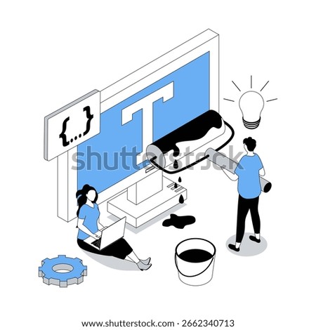 Designer studio 3d isometric concept with isometry people design for web. Creative team working with typescript, brainstorming and finding visual solutions, creating pictograms. Vector illustration