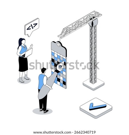 Designer studio 3d isometric concept with isometry people design for web. Illustrators team drawing digital content with pencil, working with colours swatch, coding software. Vector illustration