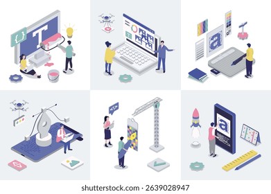Designer studio 3d isometry concept for web design. Collection set with isometric people creating interface layouts and graphic content, using drawing tools and typescripts. Vector illustration.