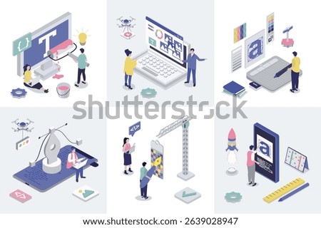 Designer studio 3d isometry concept for web design. Collection set with isometric people creating interface layouts and graphic content, using drawing tools and typescripts. Vector illustration.