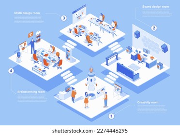 Designer studio concept 3d isometric web scene with infographic. People work at different creativity rooms, meeting and brainstorming at agency office. Vector illustration in isometry graphic design