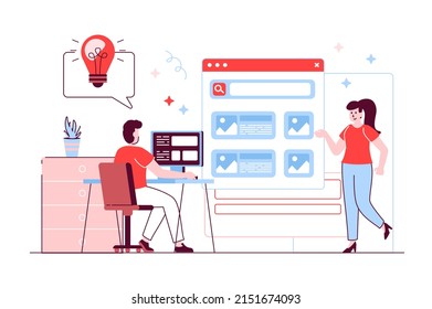 Concepto de estudio de diseño en diseño de línea plana. Hombre y mujer trabajando juntos en un proyecto creativo, generar ideas y hacer diseño de sitios web. Ilustración vectorial con escena de personas de contorno para web