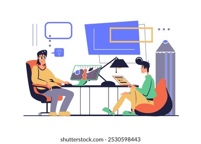 Designer conceito de estúdio em design de desenhos animados planos modernos para web. Equipe criativa gera novas ideias, desenhando conteúdo visual e desenvolvendo produtos, fazendo projetos artísticos no escritório. Ilustração vetorial.