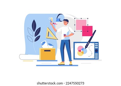 Designer studio concept with people scene in flat design. Man creates graphics and draws digital illustrations for creative project or art course. Vector illustration with character situation for web