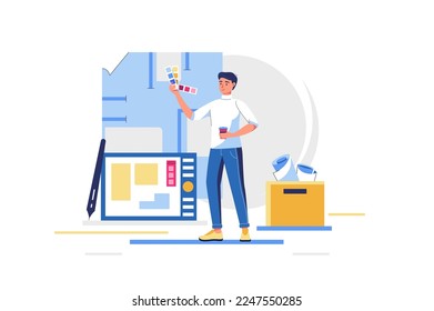 Designer studio concept with people scene in flat design. Man works with color swatches and creates graphics for creative project or art course. Vector illustration with character situation for web