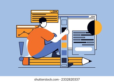 Designer studio concept with people scene in flat design for web. Man drawing graphic elements and creating digital art content. Vector illustration for social media banner, marketing material.