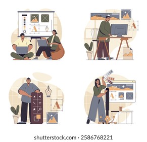 Designer studio concept scenes set in flat web design. People in situations of working in agency, creating graphic elements, drawing images, selecting colours for site layout. Vector illustrations.