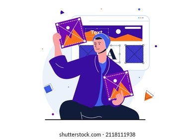 Designer studio modern flat concept for web banner design. Man selects images for filling site, creates content, develops and edits webpage layout. Vector illustration with isolated people scene