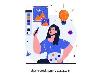 Designer studio modern flat concept for web banner design. Woman illustrator drawing digital images and generates creative ideas for art project. Vector illustration with isolated people scene