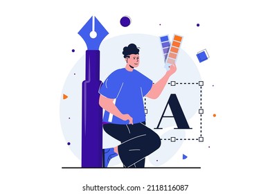 Designer studio modern flat concept for web banner design. Man illustrator stands near artist working tools, draws with pen and chooses colors palette. Vector illustration with isolated people scene