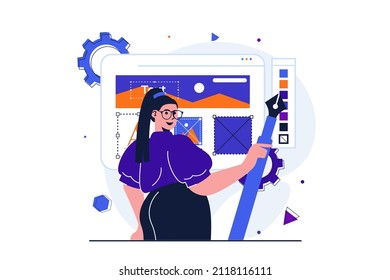 Designer studio modern flat concept for web banner design. Woman illustrator holding pen, drawing graphic elements and images posting on website layout. Vector illustration with isolated people scene