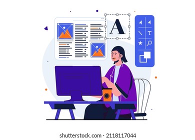 Designer studio modern flat concept for web banner design. Woman works at computer, develops layout and usability of site, works with images and text. Vector illustration with isolated people scene