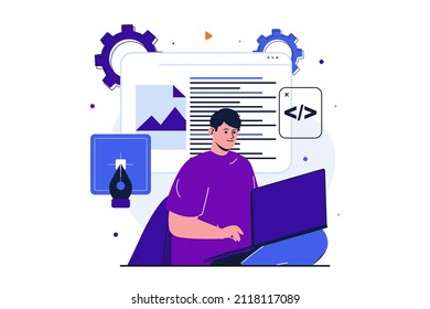 Designer studio modern flat concept for web banner design. Man developer works on laptop, writes code and scripts, creates and optimizes website layout. Vector illustration with isolated people scene