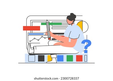 Designer studio outline web concept with character scene. Woman drawing and creating for art projects. People situation in flat line design. Vector illustration for social media marketing material.