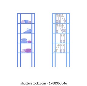 Designer studio shelves flat color vector object set. Equipment for crafting. Office storage. Furniture for workplace isolated cartoon illustration for web graphic design and animation collection