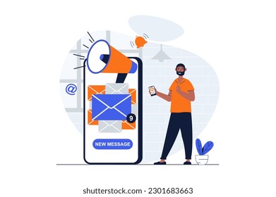 Designer studio web concept with character scene. Man creating and releasing product, making email promotion. People situation in flat design. Vector illustration for social media marketing material.