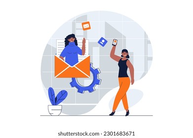 Designer studio web concept with character scene. Women creating and promotion product, making advertising. People situation in flat design. Vector illustration for social media marketing material.