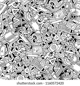 Designer supply sketchy illustration. Visual arts doodles background. Line art vector cartoon seamless pattern with hand drawn design elements