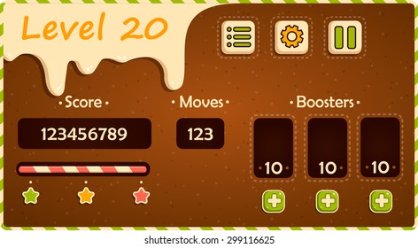 designer sweets gui game interface, level.  Vector design for app user interface. Complete set of graphical user interface (GUI) to build 2D video games