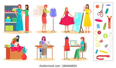 Designer tailor people work vector illustration set. Cartoon flat clothier fashioner character working, seamstress sewing, designing fashion clothes in dressmakers clothing workshop isolated on white