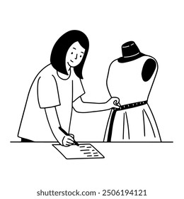 Designer taking measurement and writing it down handdrawn illustration