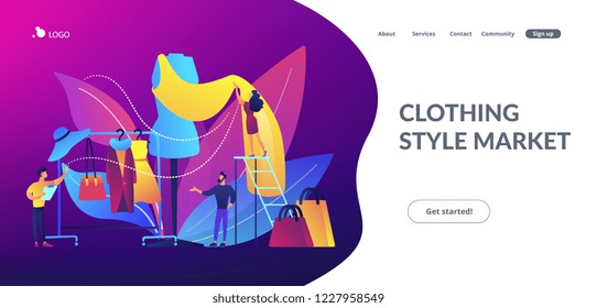 Designer team working on new clothes collection and piece of cloth on mannequin. Fashion industry, clothing style market, fashion business concept. Website vibrant violet landing web page template.