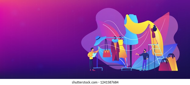 Designer team working on new clothes collection and piece of cloth on mannequin. Fashion industry, clothing style market, fashion business concept. Header or footer banner template with copy space.