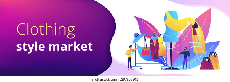 Designer team working on new clothes collection and piece of cloth on mannequin. Fashion industry, clothing style market, fashion business concept. Header or footer banner template with copy space.