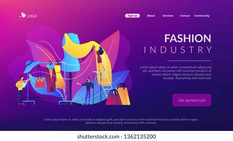 Designer team working on new clothes collection and piece of cloth on mannequin. Fashion industry, clothing style market, fashion business concept. Website vibrant violet landing web page template.