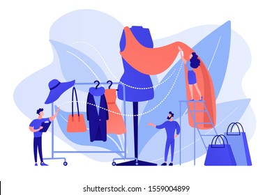 Designer team working on new clothes collection and piece of cloth on mannequin. Fashion industry, clothing style market, fashion business concept. Pinkish coral bluevector isolated illustration