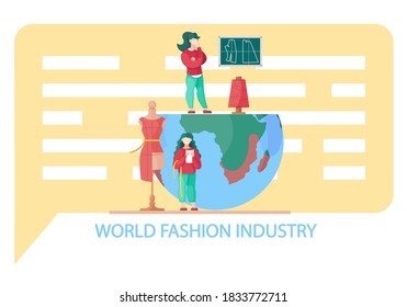 Designer team working on new clothes collection and piece of cloth on mannequin near table in the form of planet earth. World fashion industry, clothing style market, fashion business concept