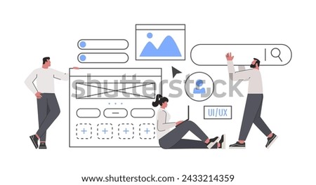 Designer team working on ui ux design, mobile application or web landing page. Creating functional web interface design for website or application. Flat vector illustration.