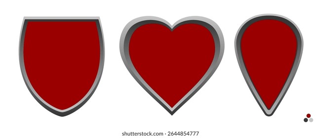 Designer toolkit: 3 vector shields - teardrop, heraldic, heart with burgundy core, silver-grey metallic frame. Color samples included. Transparent version. Modular emblem components