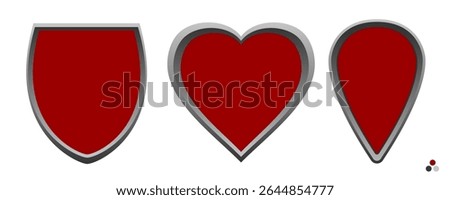 Designer toolkit: 3 vector shields - teardrop, heraldic, heart with burgundy core, silver-grey metallic frame. Color samples included. Transparent version. Modular emblem components